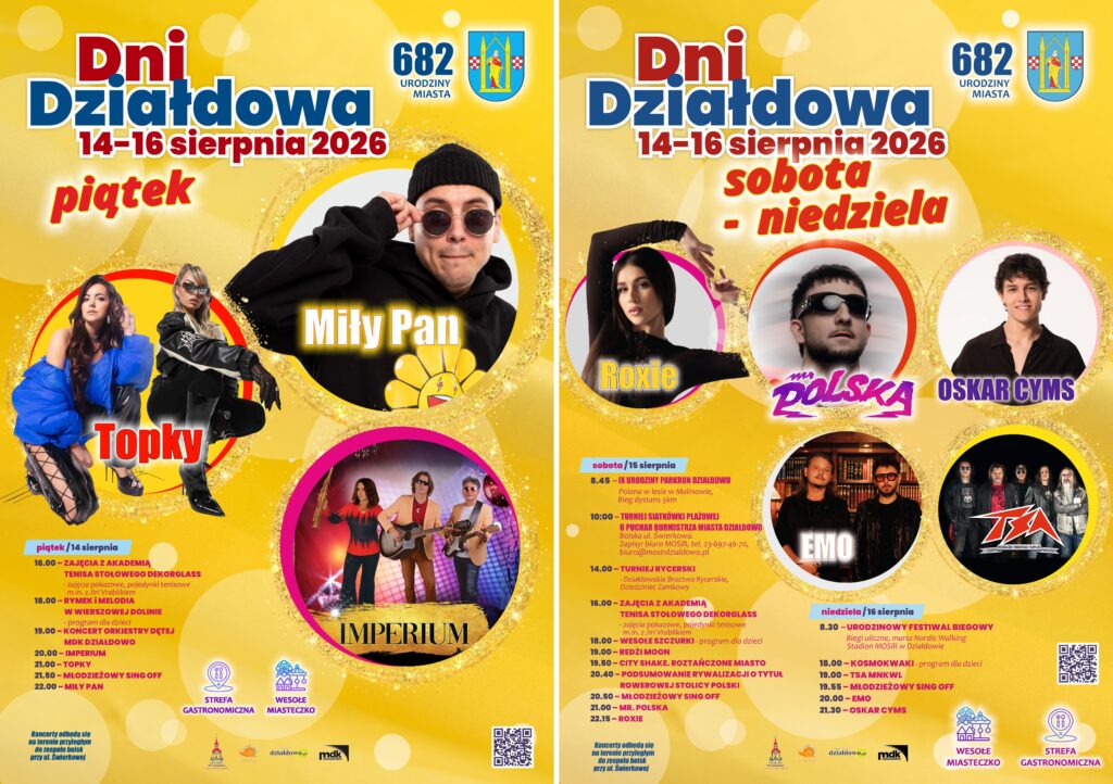 plakat informujący o Dniach Działdowa 2026, treść i zdjęcia występujących artystów
