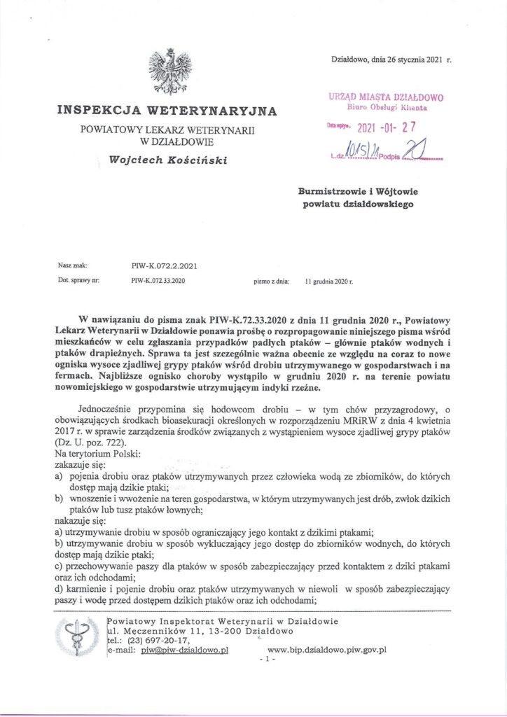 Informacja Powiatowego Lekarza Weterynarii w Działowie