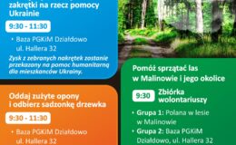 plakat informujący o akcji sprzątania lasu w Malinowie, zbiórce nakrętek i opon