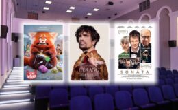 baner zapraszający do kina, na tle sali kinowej są trzy plakaty filmowe "To nie wypanda", "Cyrano", "Sonata"