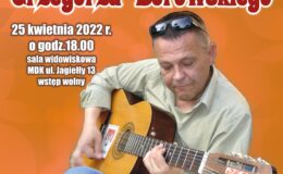 plakat zapraszający na koncert pamięci Grzegorza Borowskiego, treść i zdjęcie Grzegorza Borowskiego z gitarą