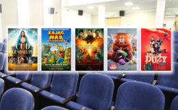 pięć plakatów filmowych:„Cud Guadalupe”, „Fantastyczne zwierzęta: Tajemnice Dumbledore’a” i „Zając Max: Misja pisanka”