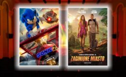 Na zdjęciu jest pięć plakatów filmowych: „Sonic 2: Szybki jak błyskawica”, „Zaginione Miasto”