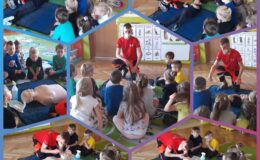 kolaż zdjęciowy. Na zdjęciach dzieci uczące się udzielania pierwszej pomocy przedmedycznej