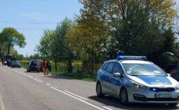 Policjanci na miejscu zdarzenia drogowego pod Uzdowem