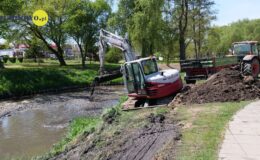 widać prace przy oczku wodnym w parku, koparka pogłębia oczko wodne