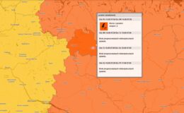 Na zdjęciu grafika przedstawiająca ostrzeżenie pogodowe dla powiatu działdowskiego, burze z gradem