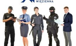 stoi pięć osób, kobiety i mężczyźni, u góry logo służby więziennej
