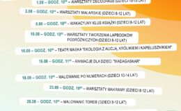 plakat promujący wakacyjne atrakcje w Miejskiej bibliotece Publicznej w Działdowie
