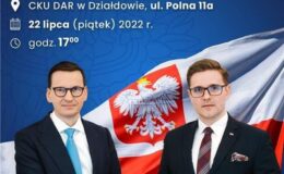 Plakat informujący o spotkaniu z premierem Mateuszem Morawieckim w Działdowie