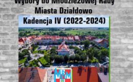 widok miasta Działdowa z lotu ptaka i napis Wybory do Młodzieżowej Rady Miasta Działdowo, kadencja IV 2022 - 2024