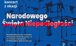 plakat zapraszający do szkoły muzycznej na koncert z okazji Narodowego Święta Niepodległości