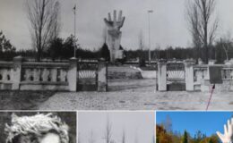 kolaż zdjęć, na których widać pomnik na zdjęciach archiwalnych, obecnie oraz autora