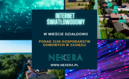kolaż zdjęć złożony z 2 zdjęć ulic z domami oraz 2 grafik przedstawiających światłowody oraz napisem: internet światłowodowy w mieście Działdowo ponad 3100 gospodarstw domowych w zasięgu NEXERA. WWW.NEXERA.pl