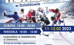 plakat promujący 6 Turniej Hokejowy, napisy informujące o turnieju, zdjęcie hokeistów, loga zespołów, patronów, sponsorów