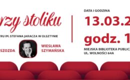 grafika informująca o teatrze przy stoliku, data i miejsce spotkania, dwa zdjęcia aktorek