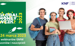grafika promująca Global Money Week 2023, treść i stojące cztery osoby
