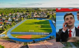 widok działdowskiego stadionu z lotu ptaka i zdjęcie portretowe Marka Plawgi