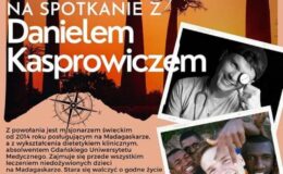 plakat promujący wydarzenie, spotkanie z Danielem Kasprowiczem - świeckim misjonarzem, na Madagaskarze