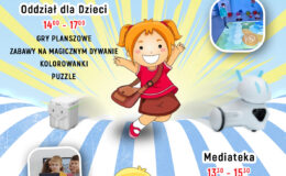 plakat zapraszający na Dzień Dziecka w bibliotece