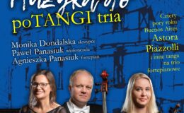 to plakat promujący koncert. Plakat na niebieskim tle przedstawiający wykonawców koncertu. Muzyka do potangi tria w wykonaniu Moniki Dondalskiej skrzypce, Paweł Panasiuk wiolonczela, Agnieszka Panasiuk fortepian. Koncert odbędzie się 8 maja 2023 r. w szkole muzycznej w Działdowie