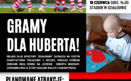 plakat informujący o festyn charytatywny, który odbędzie się 18 czerwca, godz. 14.00. Na plakacie znajduje się treść, zdjęcia, loga