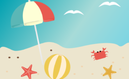 grafika przedstawia plażę, widać parasol, piłkę plażową