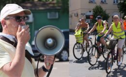 Na zdjęciu po lewej stronie mężczyzna - dyrektor MOSiR Grzegorz Kaszubski, po prawej stronie na rowerach ulicami Działdowa jedzie grupa rowerzystów