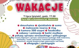 plakat promujący Piknik rodzinny w Działdowie "Bezpieczne Wakacje"