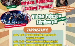 plakat informujący o VIII Działdowskim Jarmarku Antyków, Rękodzieła i Zdrowej Żywności i VII Zlocie Pojazdów Zabytkowych