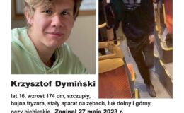 plakat ze zdjęciami i treścią informującą o zaginionym Krzysztofie Dymińskim