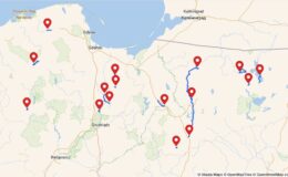 mapa z zaznaczonymi punktami - miastami Szlaku Zamków Gotyckich