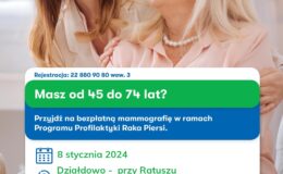 plakat informujący o bezpłatnej mammografii, widać treść i dwie kobiety