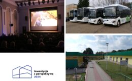 kolaż trzech zdjęć: wnętrza kina, cztery autobusy komunikacji miejskiej, budynek Przedszkola nr 5, logo konkursu