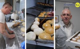 Na zdjęciu głównym kolaż zdjęć z Piekarni Państwa Chyczewskich, Marek Chyczewski przy pracy, smażące się pączki i burmistrz Grzegorz Mrowiński z pączkami