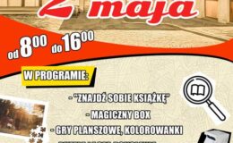 plakat informujący o wydarzeniu - majówce w bibliotece