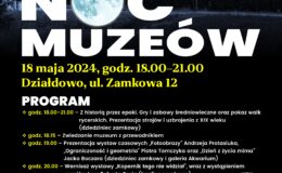 Już w sobotę 18 maja w naszych murach zamkowych, odbędzie się Noc Muzeów. Startujemy o godz. 18:00 - zaprasza Patryk Kozłowski, dyrektor Muzeum Pogranicza w Działdowie. Po zorganizowaniu inscenizacji historycznej dotyczącej Powstania Styczniowego, Muzeum Pogranicza, zaprasza na kolejną dużą imprezę. W programie gry i zabawy średniowieczne, pokaz walk rycerskich oraz prezentacja strojów i uzbrojenia z XIX wieku. Nie zabraknie zwiedzania muzeum z przewodnikiem. A także prezentacja wystaw czasowych w galerii Akwarium i na dziedzińcu zamkowym oraz wernisaż wystawy "Kopernik tego nie widział" wraz z wystąpieniem Roberta Szaja. A na koniec pokaz Firehow. Szczegółowy program wydarzenia: Godz. 18.00 – 21.00 – Z historią przez epoki. Gry i zabawy średniowieczne oraz pokaz walk rycerskich. Prezentacja strojów i uzbrojenia z XIX wieku (dziedziniec zamkowy) Godz. 18.15 – Zwiedzanie Muzeum z przewodnikiem Godz. 19.00 – Prezentacja wystaw czasowych „Fotoobrazy” Andrzeja Protasiuka, „Ograniczoność i geometria” Piotra Tomczyka oraz „Dzień z życia mima” Jacka Boczara (dziedziniec zamkowy i galeria Akwarium) Godz. 20.00 – Wernisaż wystawy „Kopernik tego nie widział”, wraz z wystąpieniem współautora Roberta Szaja (kaplica zamkowa) Godz. 21.00 – Fireshow (dziedziniec zamkowy) Fot. Na zdjęciu głównym plakat informujący o wydarzeniu