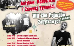 plakat informujący o Jarmarku Antyków, Rękodzieła i Zdrowej Żywności oraz Zlocie Pojazdów Zabytkowych w Działdowie