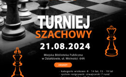 plakat informujący o turnieju szachowym w Miejskiej Bibliotece Publicznej w Działdowie w ramach projektu „BajkoCzas”