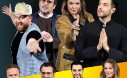 plakat informujący o spektaklu komediowym "Telewizja kłamie", który odbędzie się w Miejskim Domu Kultury w Działdowie. Na plakacie znajdują się zdjęcia występujących aktorów i treść plakatu