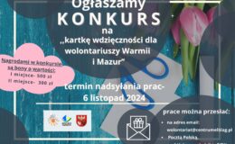 plakat informujący o konkursie "Kartka wdzięczności dla wolontariuszy Warmii i Mazur’’