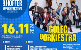 plakat informujący o XVI Ogólnopolskim Młodzieżowym Festiwalu Piosenki Hoffer Superhit Festival Działdowo 2024