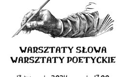 plakat informujący o wydarzeniu - warsztatach poetycko-lingwistyczne w bibliotece