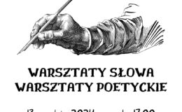 plakat informujący o warsztatach poetyckich w bibliotece w Działdowie