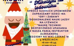 plakat informujący o wydarzeniu - "Mikołajki na lodowisku"