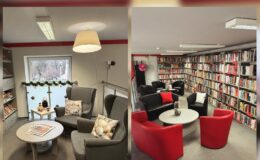 widać regały z książkami i fotele w pomieszczeniu Miejskiej Biblioteki Publicznej w Działdowie
