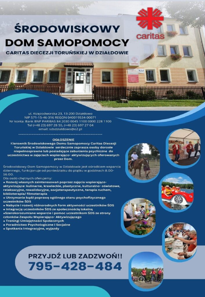 Dom Samopomocy Caritas zaprasza na zajęcia plakat informujący o ofercie Środowiskowego Domu Samopomocy Caritas w Działdowie