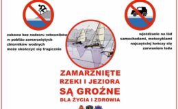 infografika informująca o tym, że zamarznięte jeziora i rzeki są niebezpieczne