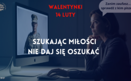 infografika ostrzegająca przed oszustwami matrymonialnymi w Internecie