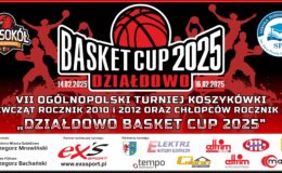 na zdjęciu znajduje się baner informujący o VII Ogólnopolskim Turnieju Koszykówki Basket Cup 2025, który odbędzie się w Działdowie